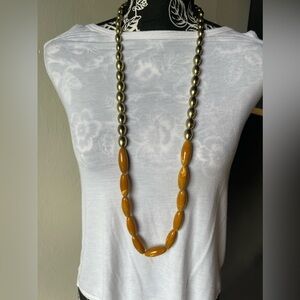 Gold Tone and Mustard Yellow Long Beaded Necklace NEW